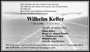 Anzeige von Wilhelm Keller von Schwäbische Zeitung