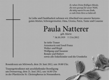 Anzeige von Paula Natterer von Schwäbische Zeitung