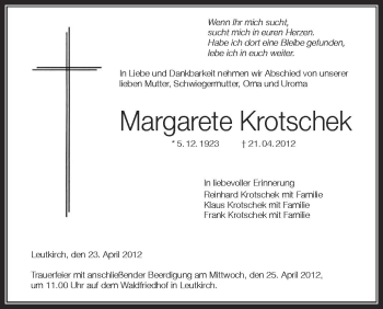 Anzeige von Margarete Krotschek von Schwäbische Zeitung