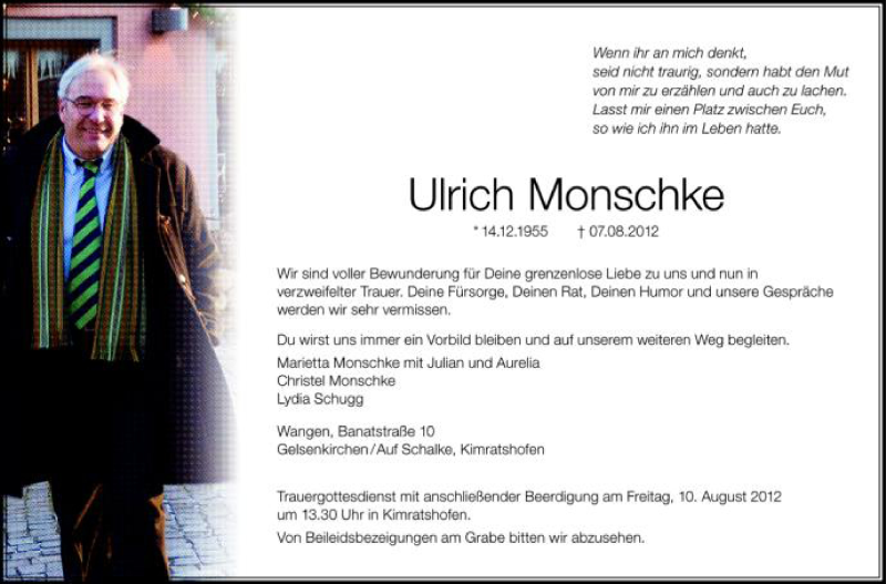  Traueranzeige für Ulrich Monschke vom 09.08.2012 aus Schwäbische Zeitung