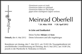 Anzeige von Meinrad Oberfell von Schwäbische Zeitung