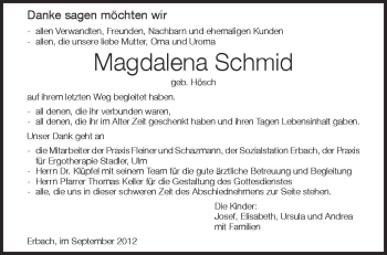Anzeige von Magdalena Schmid von Schwäbische Zeitung