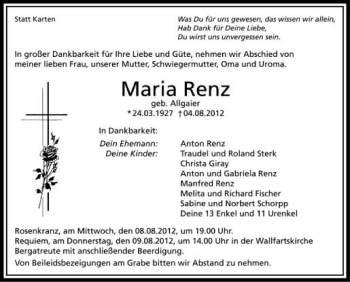 Anzeige von Maria Renz von Schwäbische Zeitung