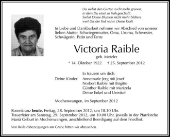 Anzeige von Victoria Raible von Schwäbische Zeitung