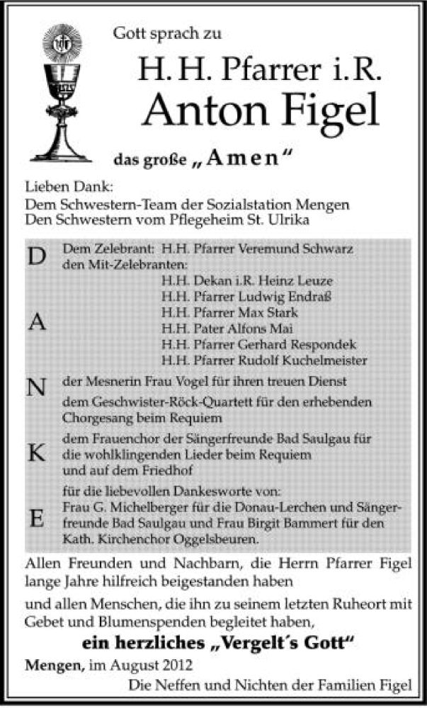  Traueranzeige für Anton Figel vom 25.08.2012 aus Schwäbische Zeitung