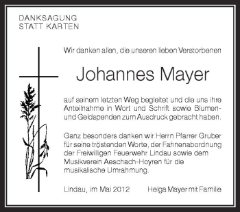 Anzeige von Johannes Mayer von Schwäbische Zeitung