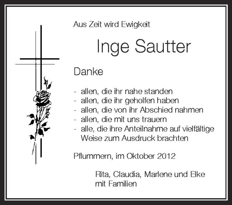  Traueranzeige für Inge Sautter vom 20.10.2012 aus Schwäbische Zeitung