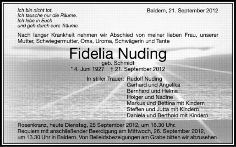  Traueranzeige für Fidelia Nuding vom 25.09.2012 aus Schwäbische Zeitung