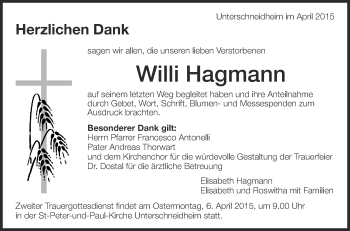Anzeige von Willi Hagmann von Schwäbische Zeitung