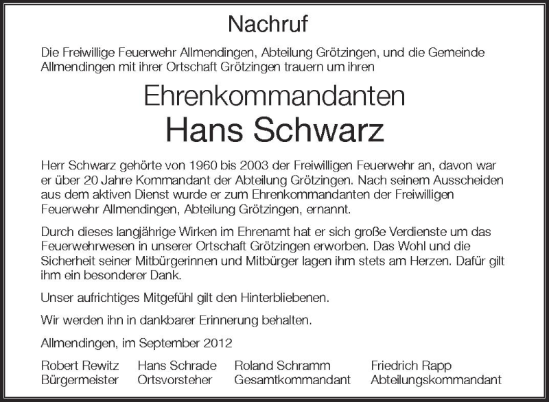  Traueranzeige für Hans Schwarz vom 12.09.2012 aus Schwäbische Zeitung