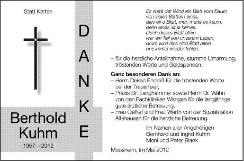  Traueranzeige für Berthold Kuhm vom 12.05.2012 aus Schwäbische Zeitung