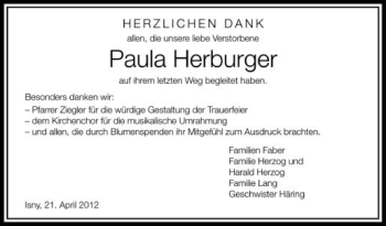 Anzeige von Paula Herburger von Schwäbische Zeitung