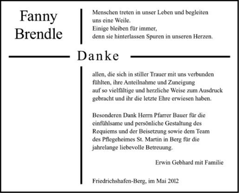  Traueranzeige für Fanny Brendle vom 31.05.2012 aus Schwäbische Zeitung