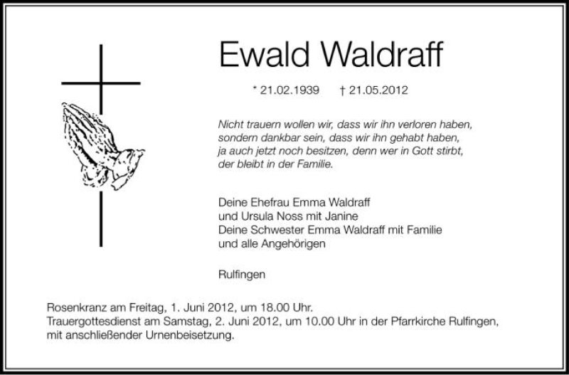  Traueranzeige für Ewald Waldraff vom 26.05.2012 aus Schwäbische Zeitung