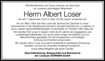 Anzeige von Albert Loser von Schwäbische Zeitung