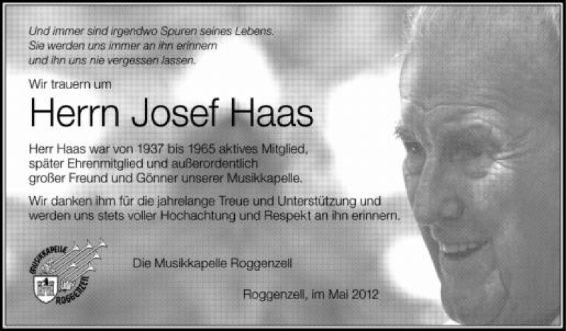  Traueranzeige für Josef Haas vom 10.05.2012 aus Schwäbische Zeitung