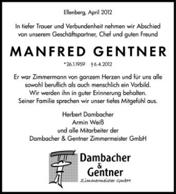 Anzeige von Manfred Gentner von Schwäbische Zeitung