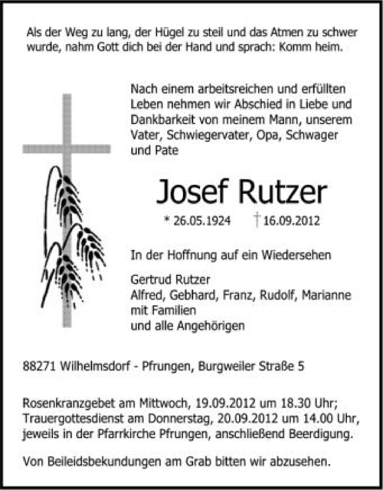 Traueranzeige für Josef Rutzer vom 18.09.2012 aus Schwäbische Zeitung