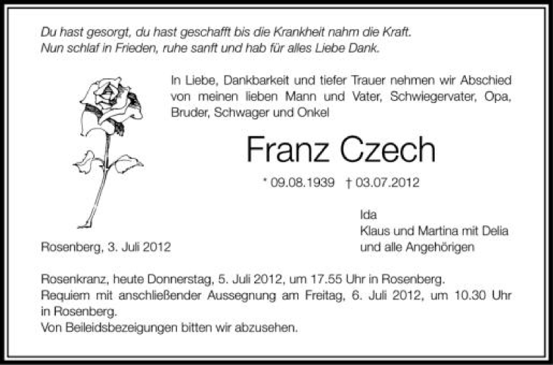  Traueranzeige für Franz Czech vom 05.07.2012 aus Schwäbische Zeitung