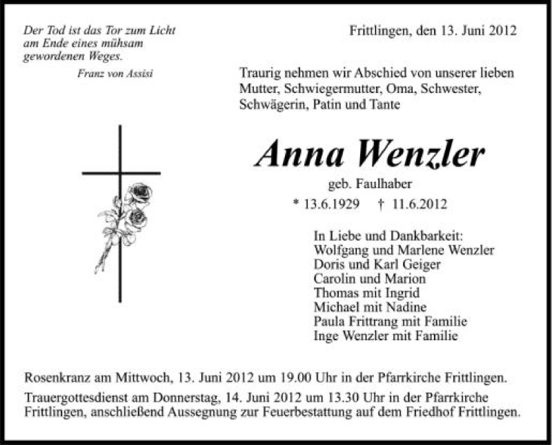  Traueranzeige für Anna Wenzler vom 13.06.2012 aus Schwäbische Zeitung