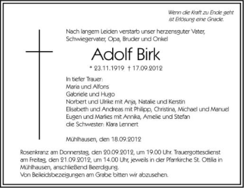 Anzeige von Adolf Birk von Schwäbische Zeitung