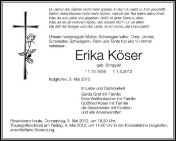 Anzeige von Erika Köser von Schwäbische Zeitung