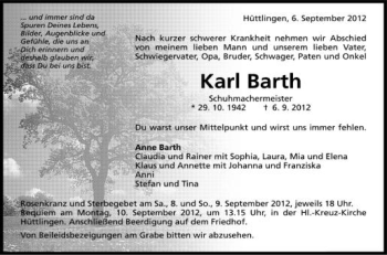 Anzeige von Karl Barth von Schwäbische Zeitung