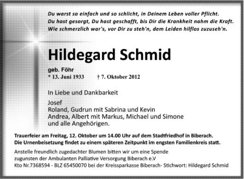  Traueranzeige für Hildegard Schmid vom 10.10.2012 aus Schwäbische Zeitung