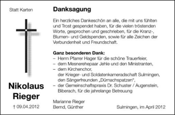 Anzeige von Nikolaus Rieger von Schwäbische Zeitung