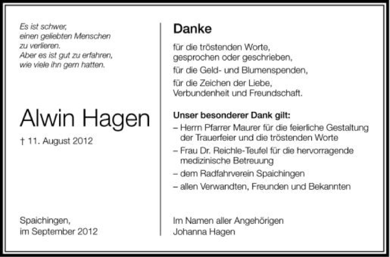  Traueranzeige für Alwin Hagen vom 01.09.2012 aus Schwäbische Zeitung