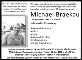 Anzeige von Michael Braekau von Schwäbische Zeitung