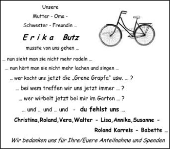 Anzeige von Erika Butz von Schwäbische Zeitung