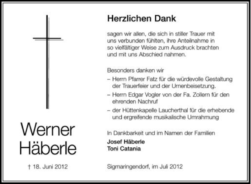 Traueranzeige für Werner Häberle vom 10.07.2012 aus Schwäbische Zeitung