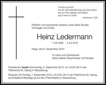 Anzeige von Heinz Ledermann von Schwäbische Zeitung
