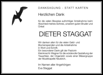 Anzeige von Dieter Staggat von Schwäbische Zeitung