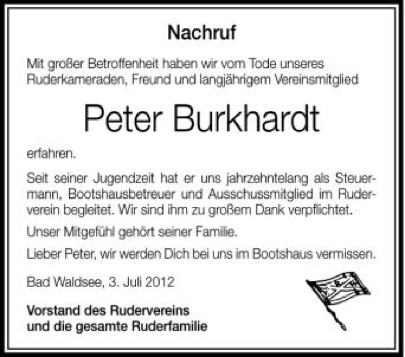  Traueranzeige für Peter Burkhardt vom 07.07.2012 aus Schwäbische Zeitung