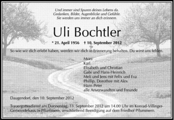 Anzeige von Uli Bochtler von Schwäbische Zeitung