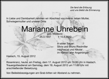 Anzeige von Marianne Uhrebein von Schwäbische Zeitung