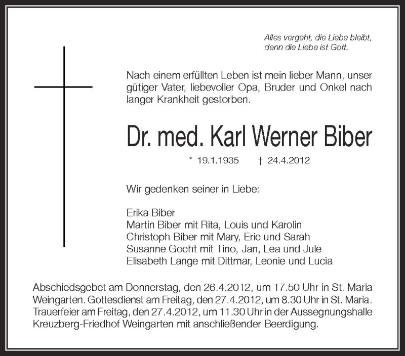  Traueranzeige für Karl Werner Biber vom 26.04.2012 aus Schwäbische Zeitung