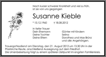 Anzeige von Susanne Kieble von Schwäbische Zeitung