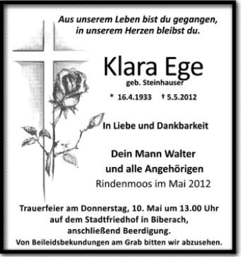 Anzeige von Klara Ege von Schwäbische Zeitung