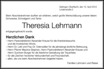 Anzeige von Theresia Lehmann von Schwäbische Zeitung