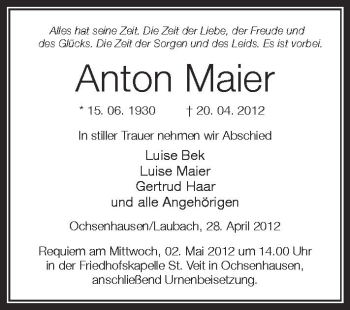 Anzeige von Anton Maier von Schwäbische Zeitung