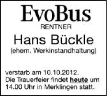 Anzeige von Hans Bückle von Schwäbische Zeitung