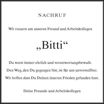 Anzeige von Bitti  von Schwäbische Zeitung