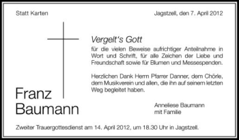 Anzeige von Franz Baumann von Schwäbische Zeitung