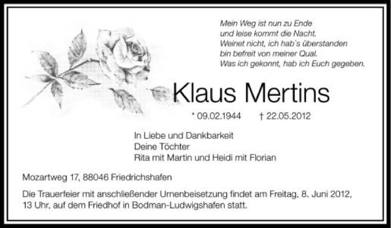  Traueranzeige für Klaus Mertins vom 30.05.2012 aus Schwäbische Zeitung