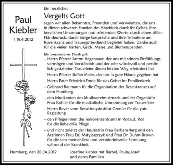 Anzeige von Paul Kiebler von Schwäbische Zeitung