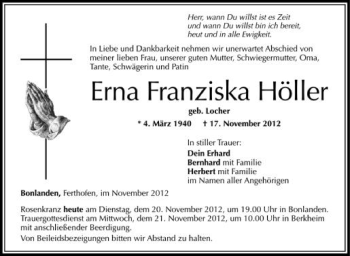 Anzeige von Erna Franziska Höller von Schwäbische Zeitung