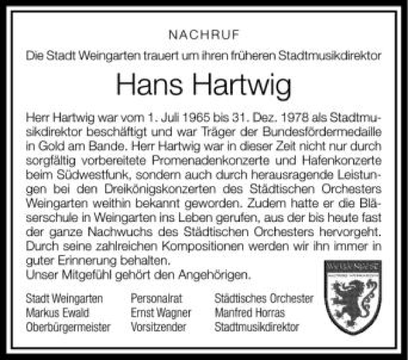  Traueranzeige für Hans Hartwig vom 07.07.2012 aus Schwäbische Zeitung
